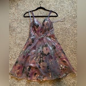 Purple, floral sequin dress
